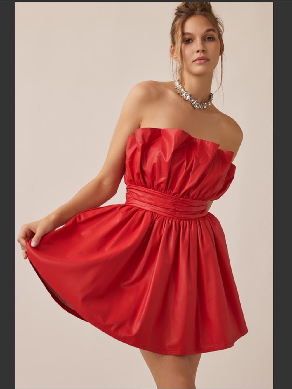Idem Ditto Romantic Pleated Vegan Leather Mini Dress Red Size Small Party